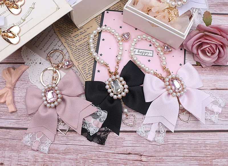 Japanese Sweet Cute Handmade Rhinestone Bow Hairpin Pearl Lace Hairclips Lolita Women Girls Side Clip Bag Pendant Handbag Charms