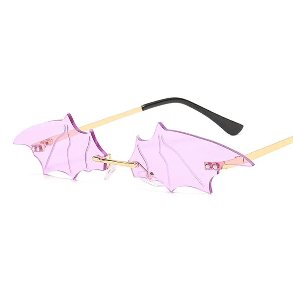 Fashion Rimless Men Sunglasses Women Trendy Bat Shaped Sun Glasses Female Male Vintage Black Mirror Shades Metal Oculos De Sol