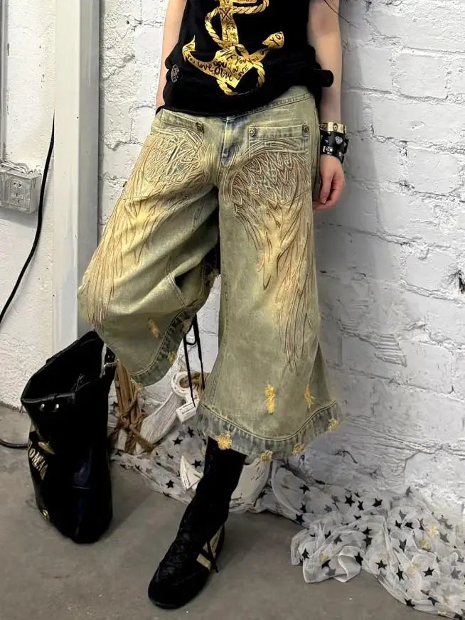 Summer Women Goblin Core Tomboy Y2K Embroidery Jorts 2000s Denim Shorts Japanese Harajuku Jean Pants Grunge Cyber Punk Hip-pop