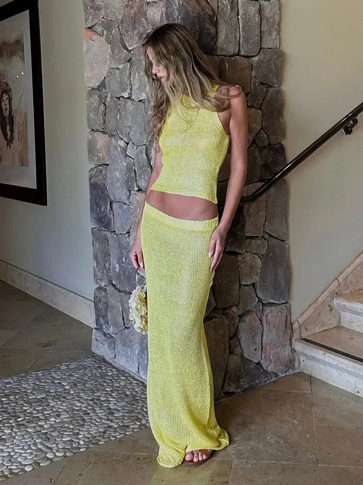 Sexy Transparent Sleeveless Shiny Camisole Tank Top Long Dress Two Piece Set 2025 Fashion Elastic Waist Wrap Hip Knitted Set K68