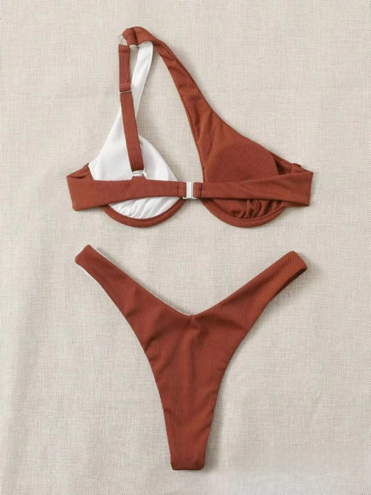 Bikinis 2025 New Red Color Swimsuit One Shoulder Women Swimwear Bathing Suit Female Off Shoulder Two Pieces Bikini Set Biquini