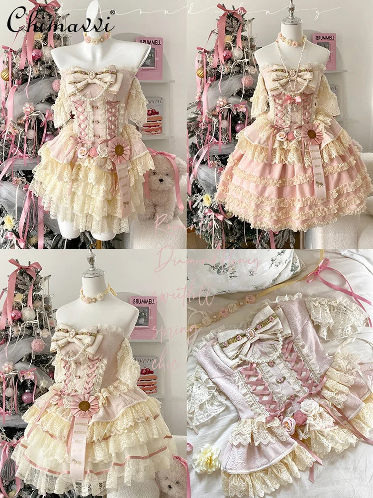 Original Romantic Atmosphere Cute Girls Skirt Sets 2025 Spring and Summer Sweet Lolita Tube Top Slim Top and Skirt 2-piece Set
