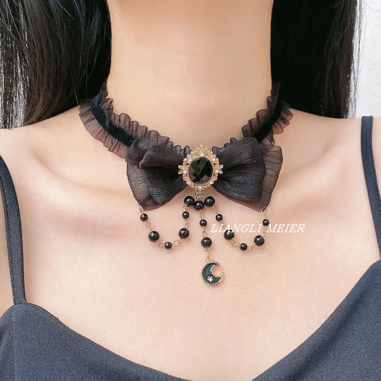 Retro Black Lace Choker Handmade Women's Necklace Black Beaded  Pendant for Cool Lady Trendy Dark Girly Fashion Accessories