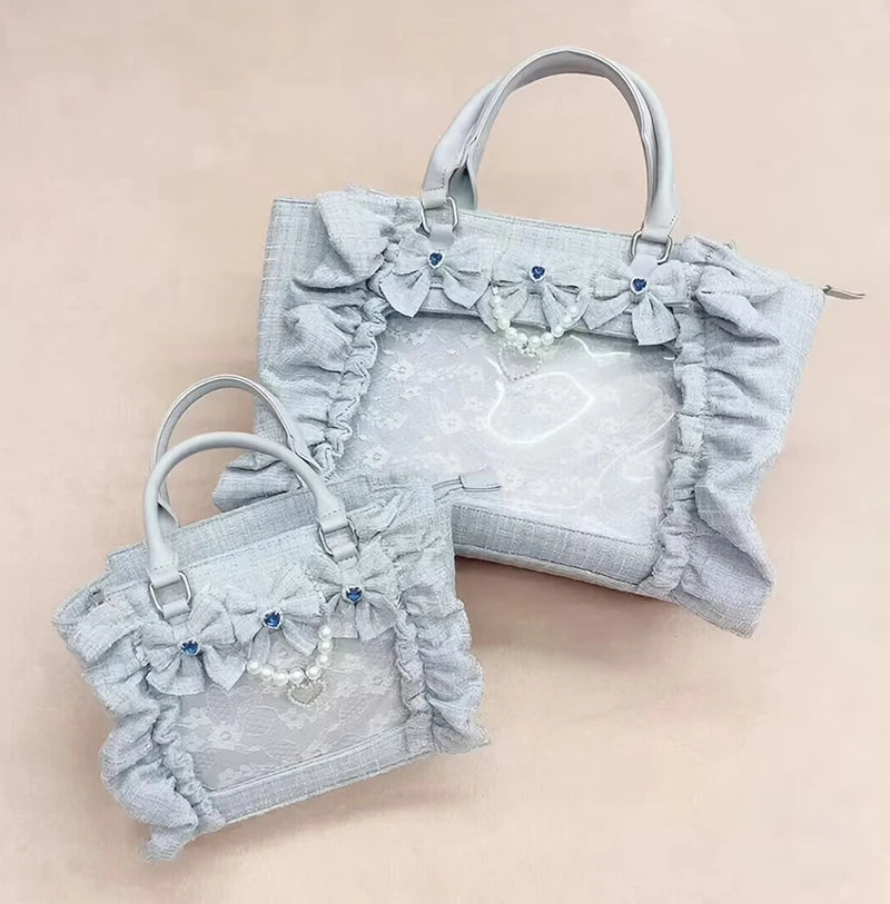 Japanese Style Mine Ita Bag Ruffled Lace Women Girls Rhienstone Pearl Bowknot Square Tote Shoulder Portable Bolso Handbags