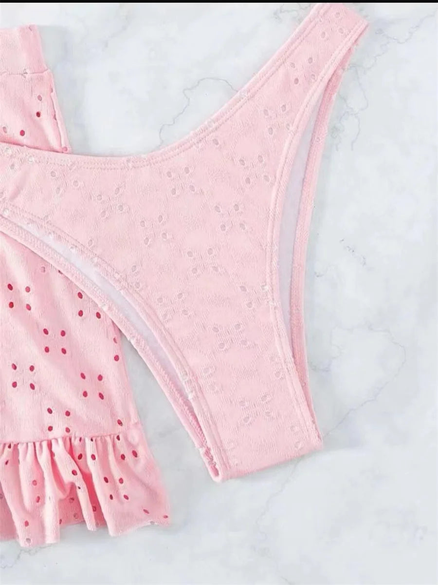 Sexy White 3 Piece Bikinis Set 2025 Women Halter Cut Out Tie Up Ruffles Push Up Skirt Swimsuit Bathing Suit High Waist Swimwear