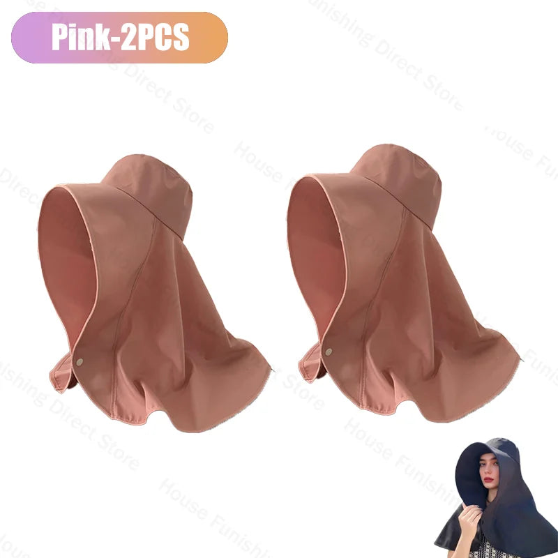 Summer Women Cap Outdoor Uv Anti Neck Protection Sun Visors Hat Fishing Hiking Big Brim Shawl Sunscreen Ponytail Cap Solid Color