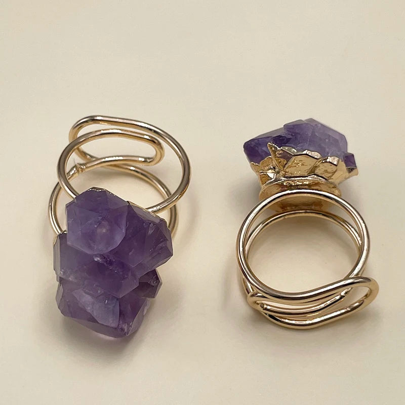 Irregular Raw Amethyst Open Ring for Women Girls Purple Crystal Gemstones Finger Jewelry Resizable