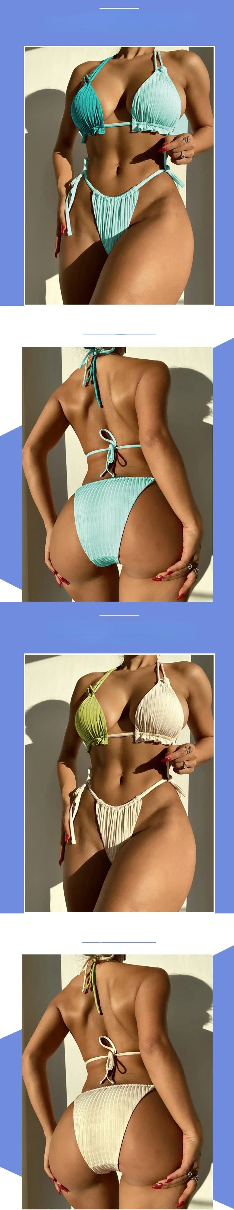 2025 Sexy Bikini Women Swimwear Swimsuit Drawstring Patchwork Pit Stripped Double Straps Halter Bikinis Set Beach Bathing Suit