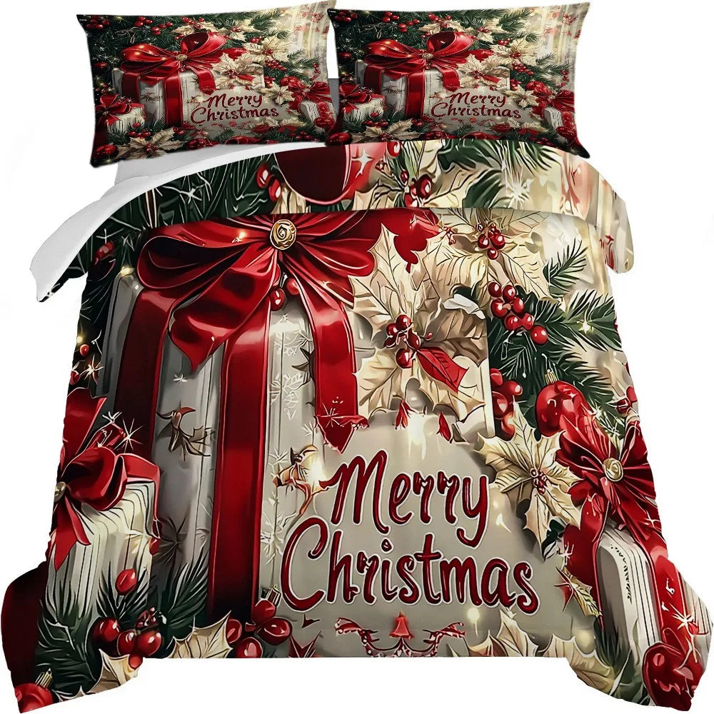 Christmas Bedding Set Red Bow Flowers Printed Cozy Duvet Cover King Queen Twin Single Size New Year Christmas Gift Bedroom Decor
