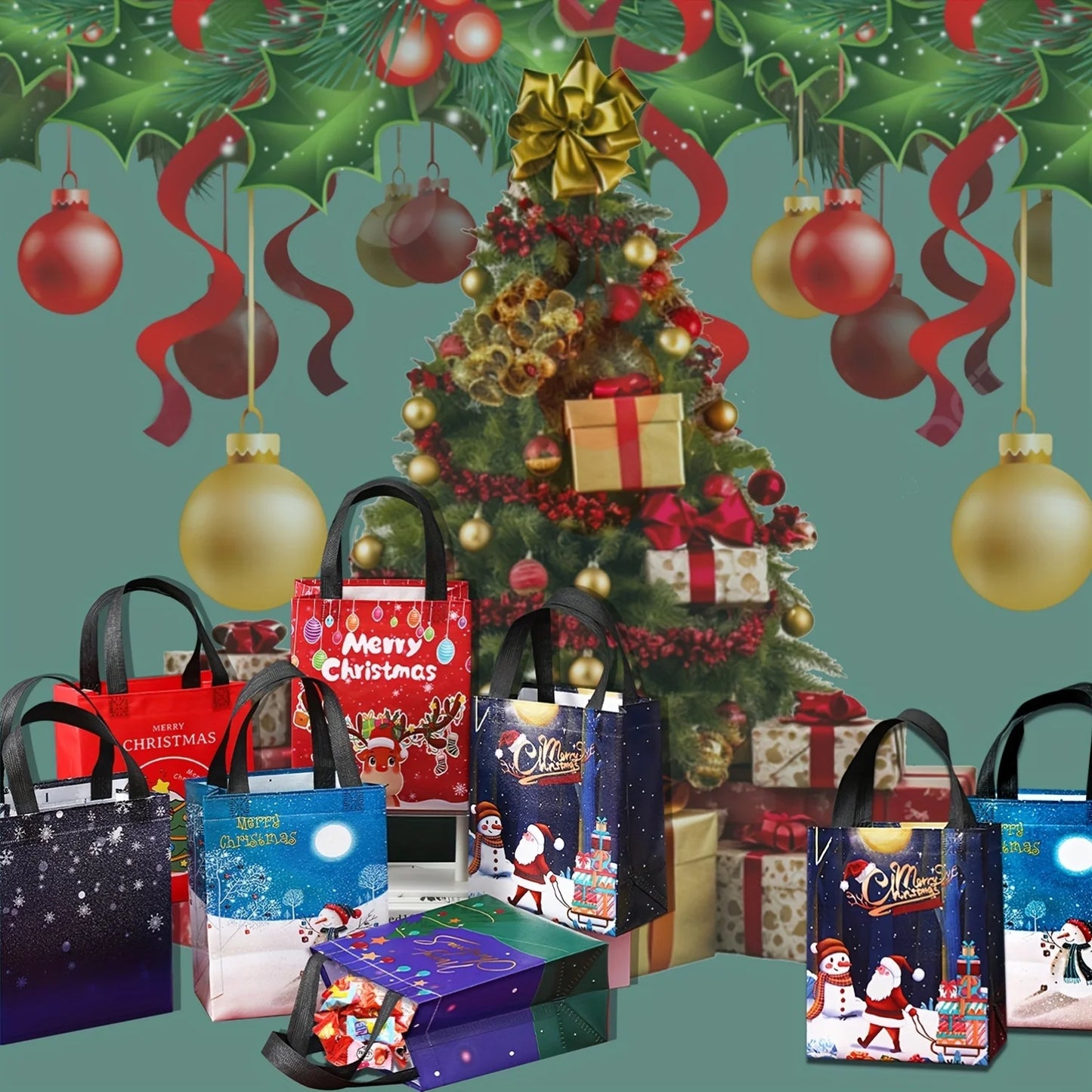 32 Medium Christmas Gift Bags with Handles, Reusable Non-Woven Fabric Christmas Shopping Bags,Holiday Party Supplies Decorations