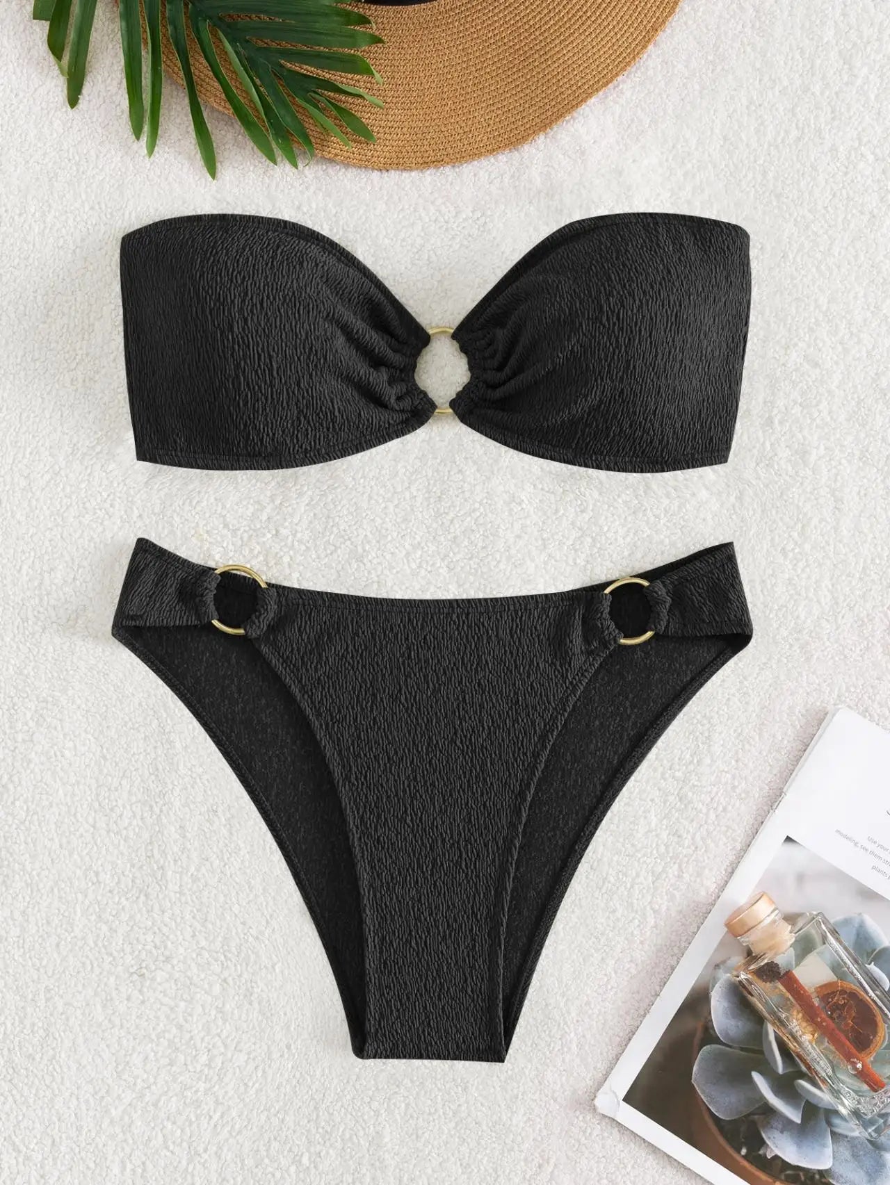 Sexy Bandeau Bikinis Sets Women Metal Ring Linked Push Up Micro Swimsuit 2025 Solid Bathing Suit Thong Swimwear Trajes De Baño