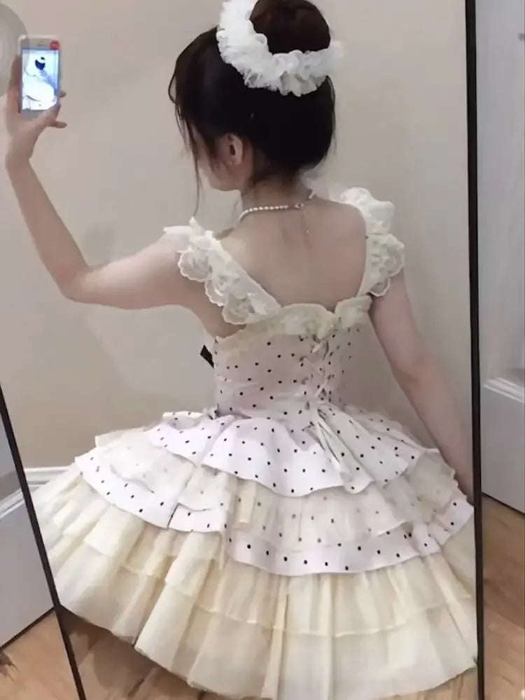 Spring Japanese Sweet Birthday Party Dress Women Y2k Cute Polka Dot Design Bodycon Dress Female Bow Korea Style Chic Clothing