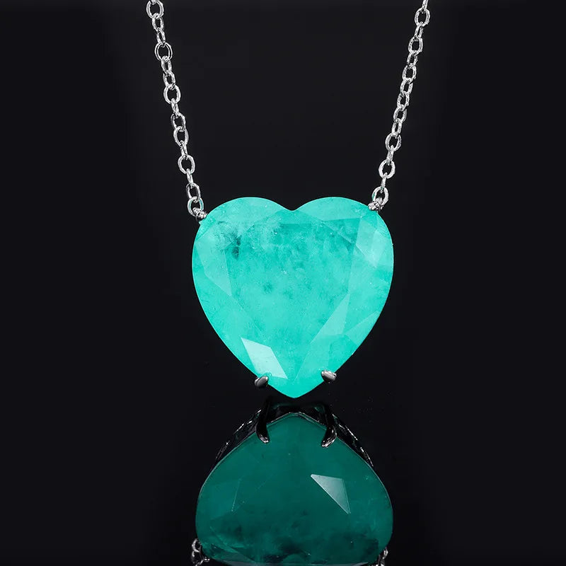 Luxury Silver Color Paraiba Tourmaline Gemstone Heart Necklace Earring for Women Wedding Dinner Party Jewelry Anniversary Gift
