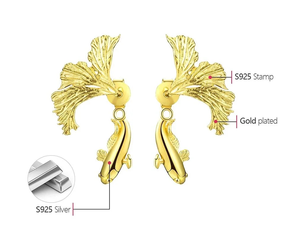 Lotus Fun 18K Gold Unusual Divided Design Fighting Fish Stud Earrings for Women Real 925 Sterling Silver Original Fine Jewelry