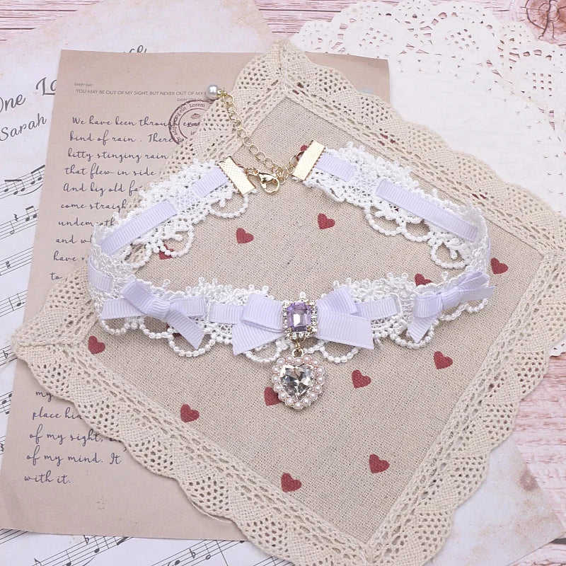 Lolita-Style Lace Choker Pearl Heart Rhinestone Necklace Lolita Pendant Girl Sweet Pearl Necklace with Heart Pendant for Women