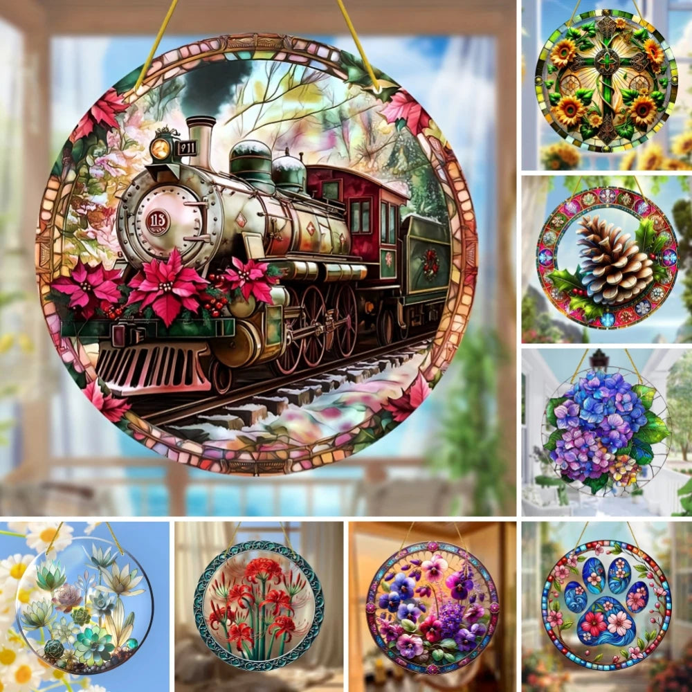 Flower Suncatcher, Stained Window Hanging, Acrylic Sign, Winter Decor, Round Sign, Wreath Sign, Wreath Center, Christmas Gift