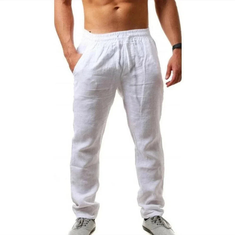 Men's Pants Solid Color Elastic Pockets Drawstring Long Pant Breathable Cotton Linen Trousers Casual Men's Clothing Streetwear