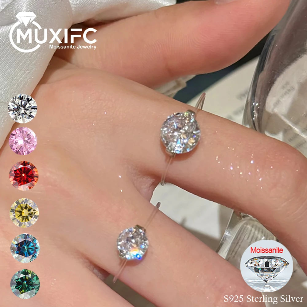 MUXIFC Transparent Fishing Line Moissanite Engagement Ring for Women S925 Silver GRA Pink Blue Diamond Ring Wedding Band Jewelry
