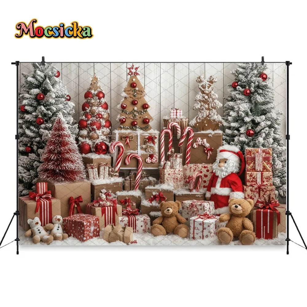 Mocsicka Christmas Gift Room Background for Winter Kid Photography Xmas Tree Gingerbread Man Snowy Backdrop Decor Photo Studio