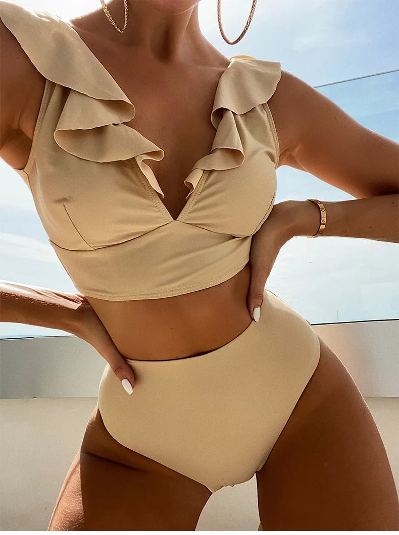 Solid Color Sexy V-neck Ruffle Bikini 2024 Women 2 Piece Swimwear Push Up Padded High Waist Swimsuit Summer Beach Bathing Suit
