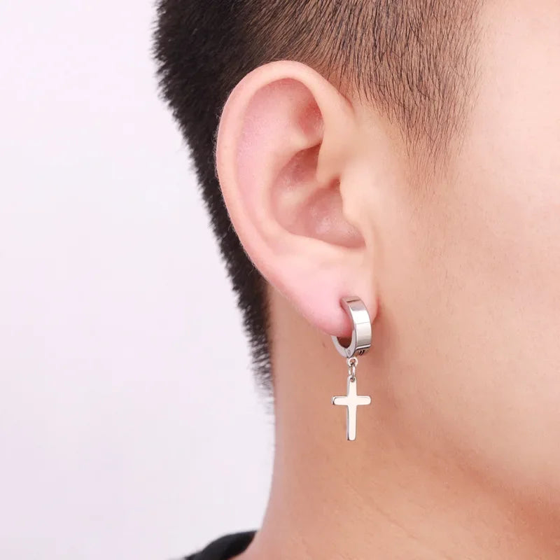 New Trendy Punk Zircon Crystal Cross Earring for Women Men Goth Hip Hop Piercing Black Hoop Earrings Fashion Party Jewelry Gifts