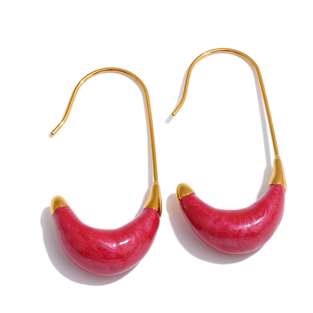 Yhpup New Popular Red White Enamel Metal U Shape Geometric Hoop Earrings for Women Stainless Steel Exquisite Daily Jewelry Gift