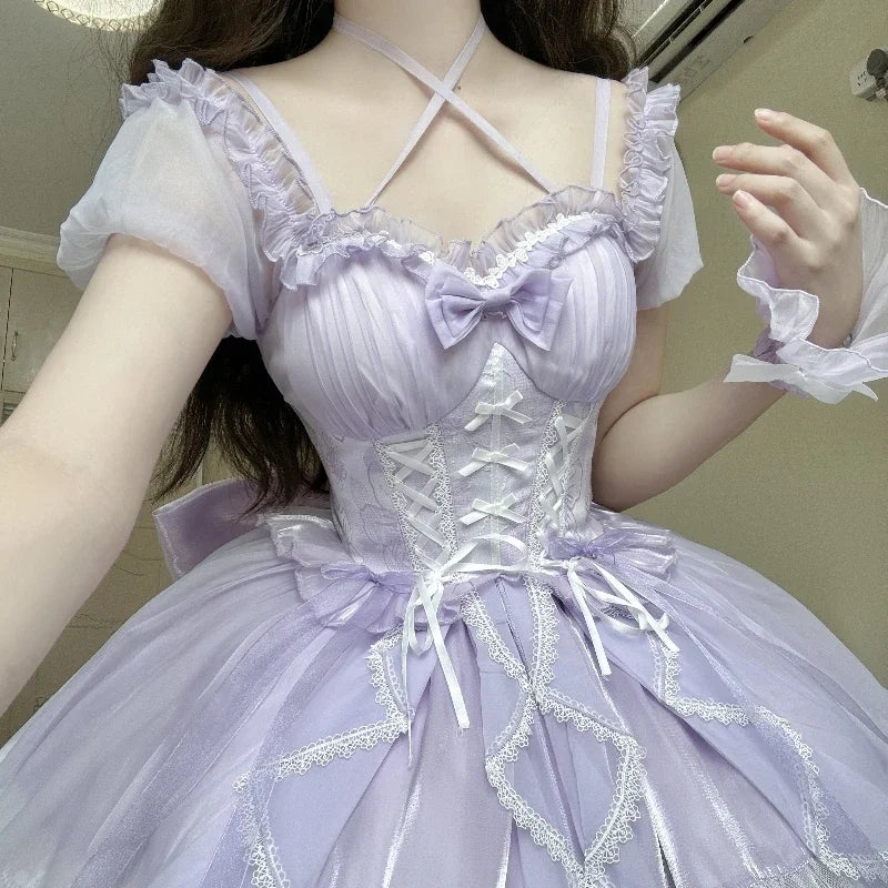 Lolita Sweet Girl Princess Dress Spring and Summer Off Shoulder Women's Short Sleeve Slim OP/JSK Short Ball Gown Dress