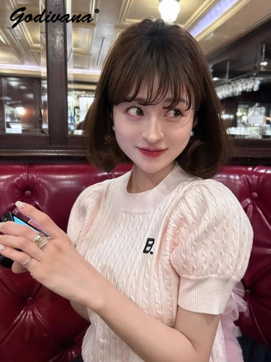 Japanese New Spring Ladies Sweet Bubble Short Sleeve Twist Knitted Top Sweater Letter Embroidered Pure Color Women's T-shirt