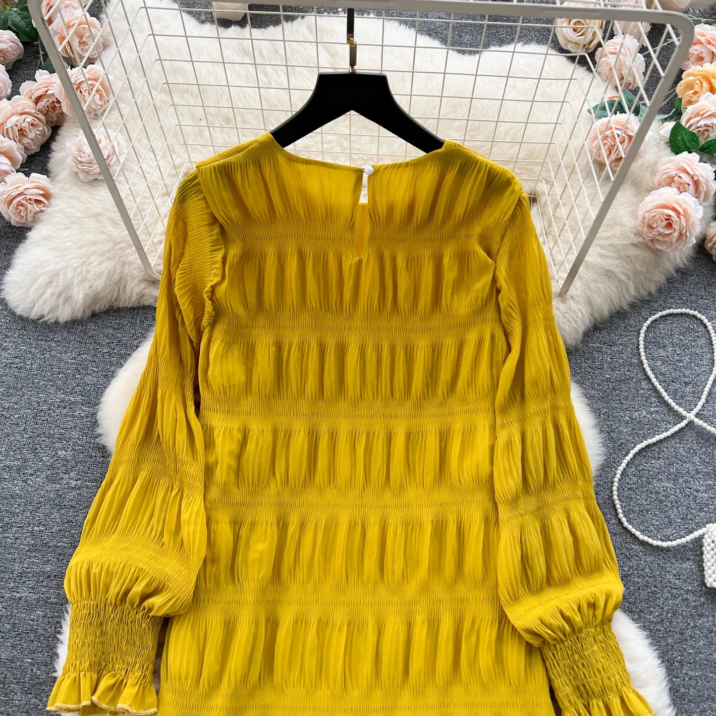 Autumn Vintage Women Draped Loose Midi Dress Elegant Round Collar Puff Long Sleeve Robe Casual Yellow/Burgundy/Green Vestido New