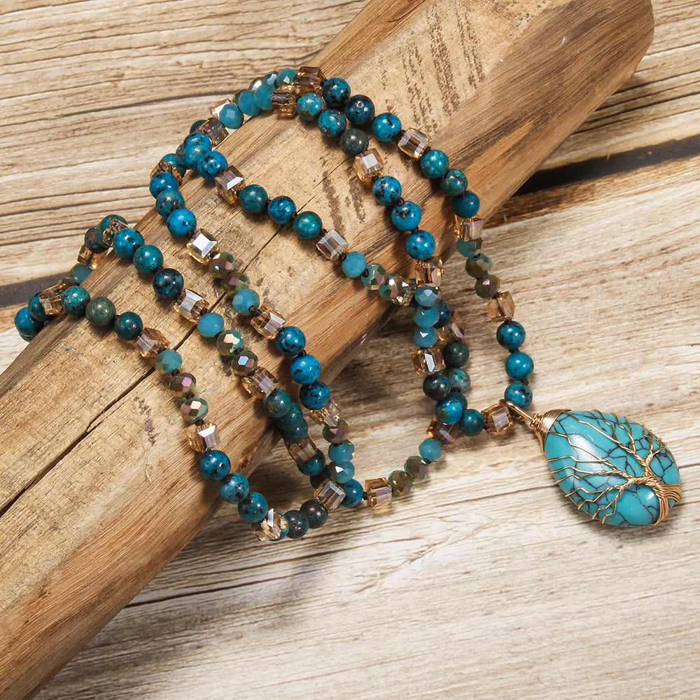 New Fashion Bohemian Spring Women Jewelry 6mm Natural Stone Knot Necklace Hand Wrapped Life Tree Stone Drop Pendant Necklace