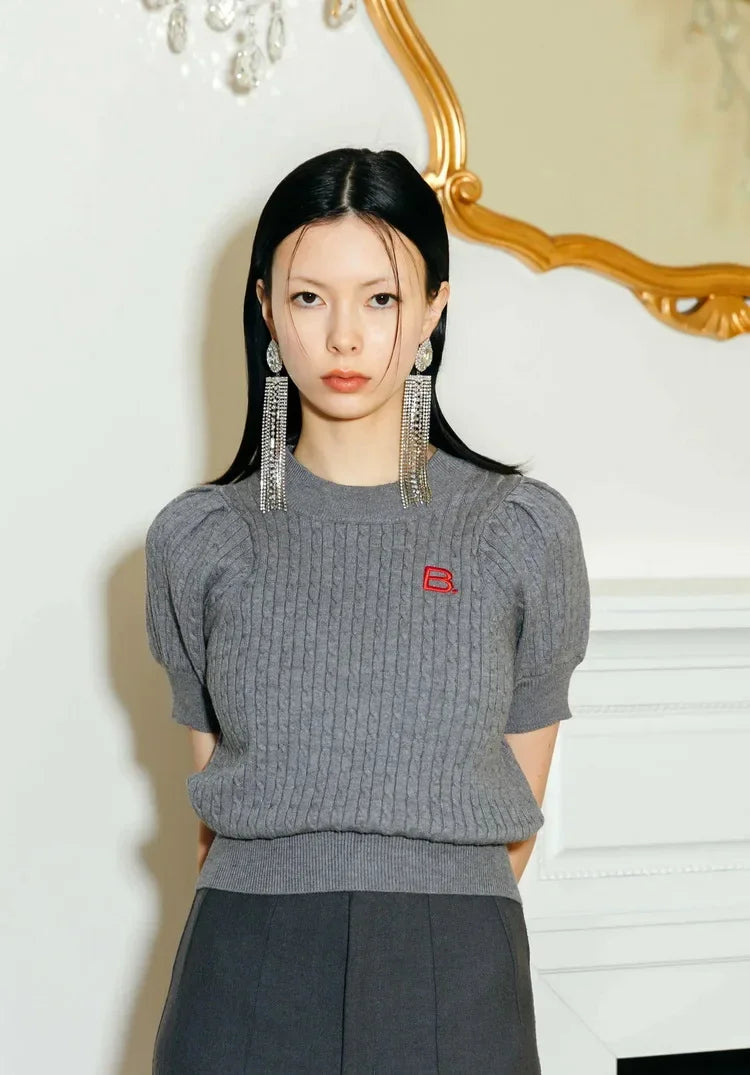 Japanese New Spring Ladies Sweet Bubble Short Sleeve Twist Knitted Top Sweater Letter Embroidered Pure Color Women's T-shirt