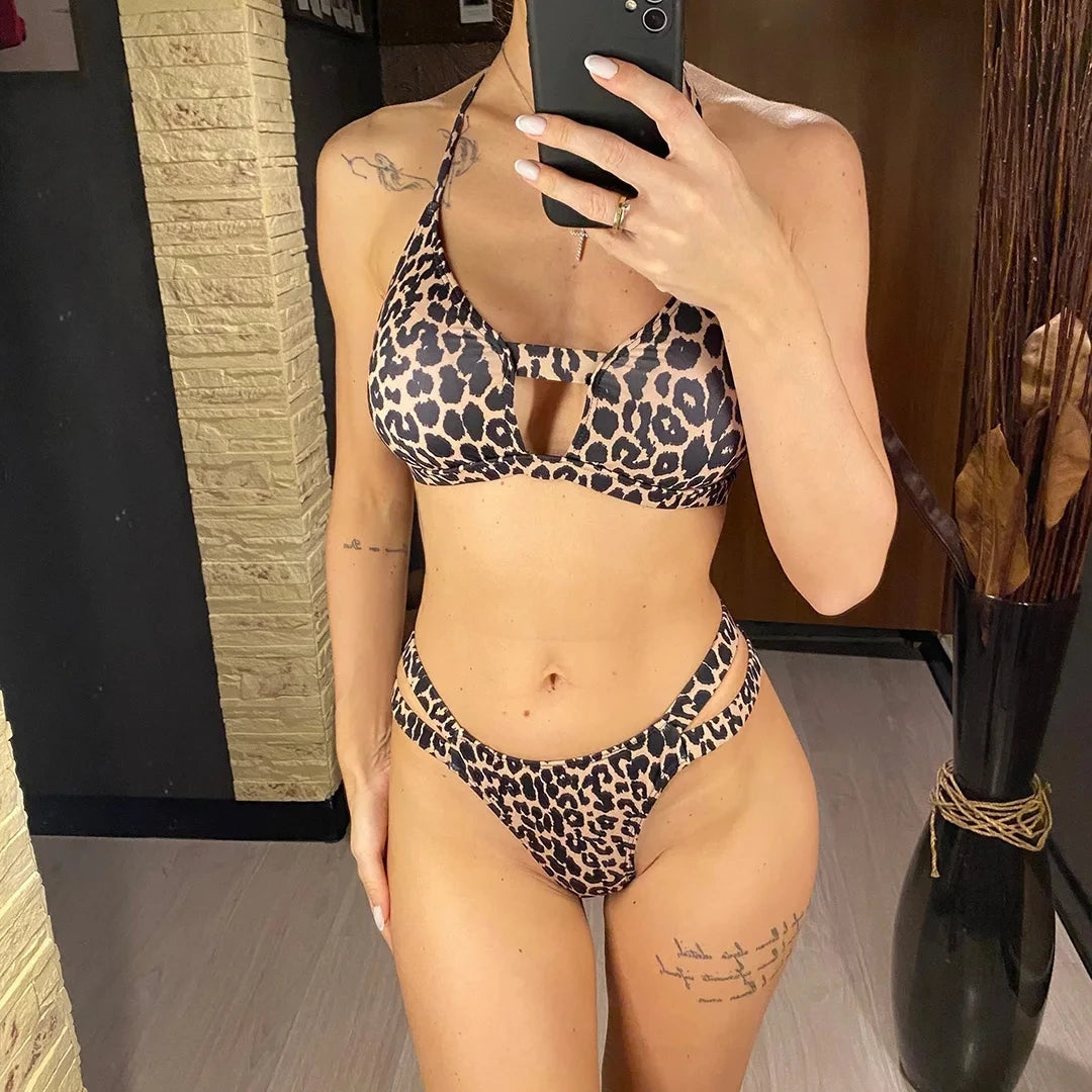 Bikinis 2025 Woman Sexy Strappy Halter Leopard Bikini Women Swimwear Female Swimsuit Two-pieces Bikini set Padded Bathing Suit