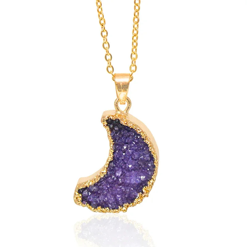 Natural Druzy Quartz Stone Moon Shape Pendant Jewelry Raw Crystal Cluster Jewelry For Women Girls Necklace Making