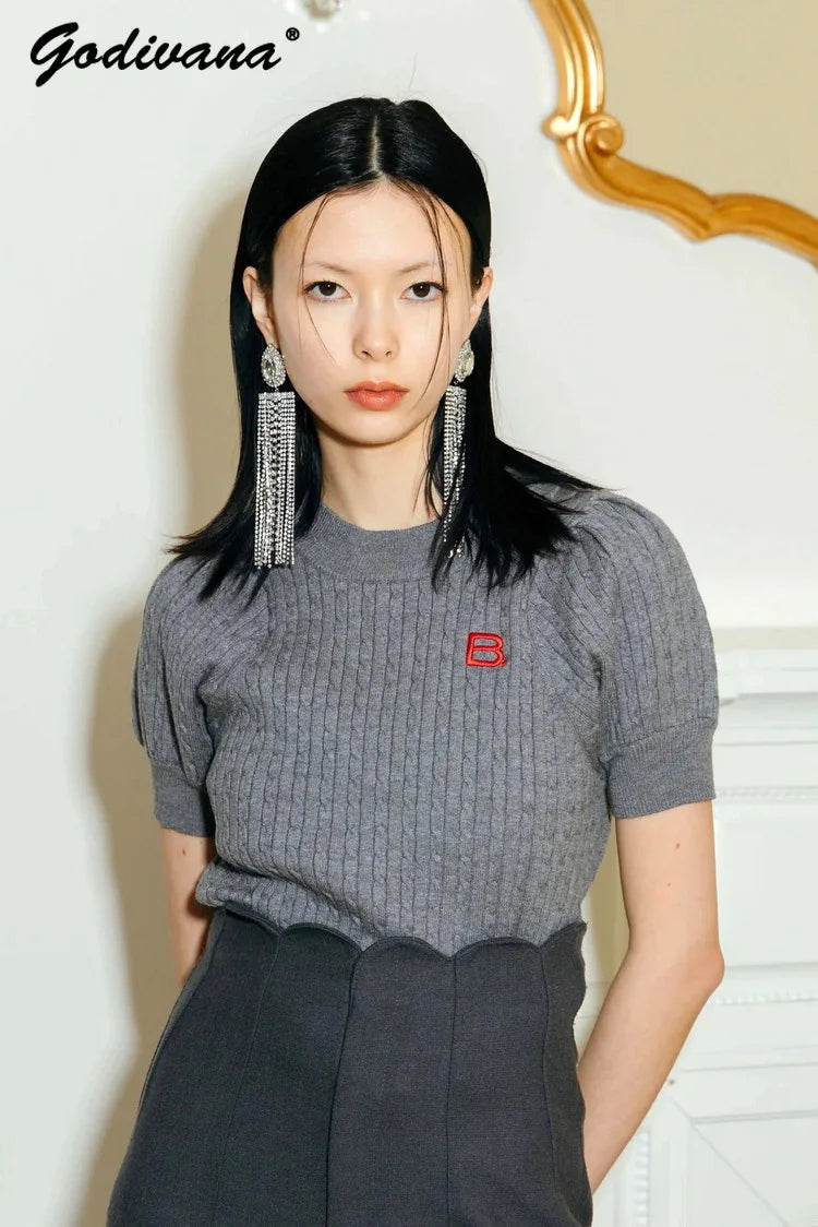 Japanese New Spring Ladies Sweet Bubble Short Sleeve Twist Knitted Top Sweater Letter Embroidered Pure Color Women's T-shirt