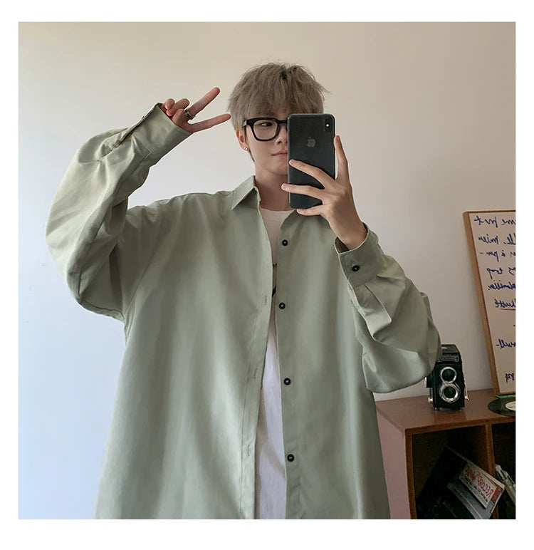 Shirt Men Solid Long Sleeved Shirt For Men Korean Fashion Shirts Baggy Business Casual Single Breasted Shirt Harajuku Oversized
