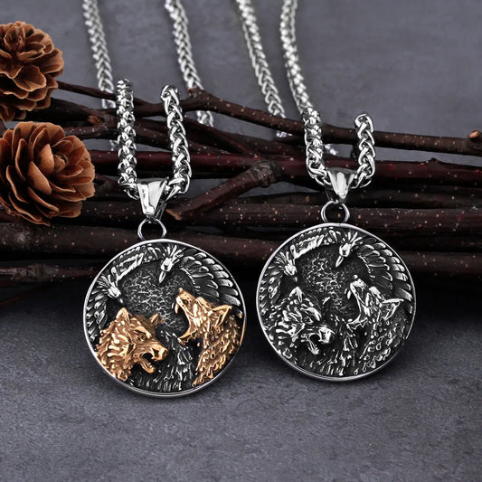 Men's Viking Wolf Head and Crow Road Sign Compass Necklace Nordic Wolf Animal Pendant Viking Wolf Stainless Steel Jewelry Gift