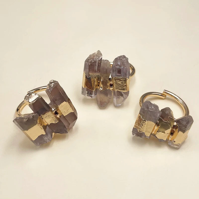 Healing Crystal Open Ring for Women Girls Gold Color Irregular White Quartz Finger Jewelry Resizable Small Size