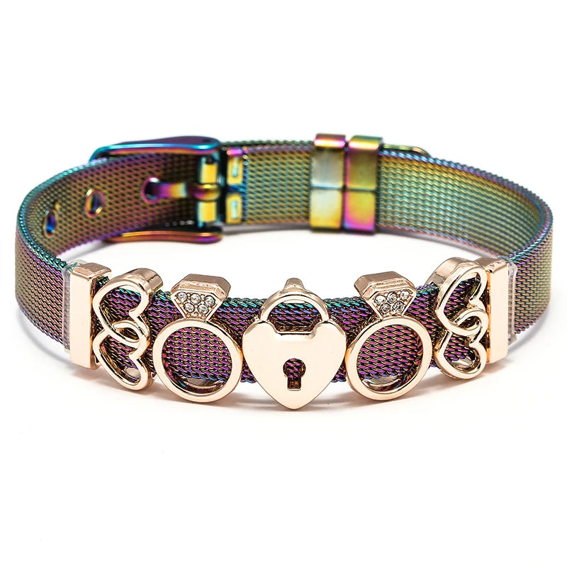 Silver Color Stainless Steel Mesh Bracelets For Women Crystal Santa Claus Beads Charm Watch Belt BraceletsBangles Christmas Gift