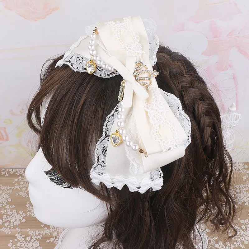 Japanese Luxury Lolita Hairband Headdress Handmade Big Bow Lace Crown Rhinestone Beaded Hair Accessories Hair Hoop for Women