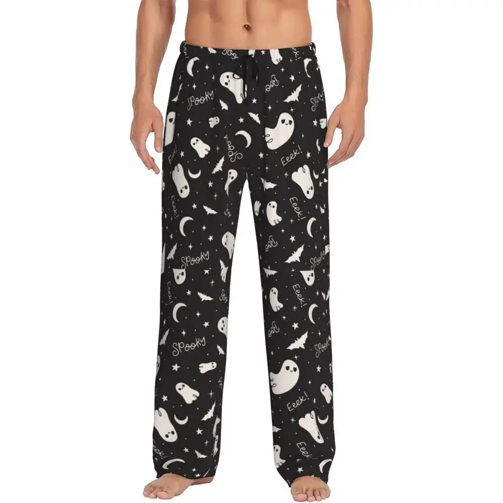 Custom Cute Spooky Halloween Bats Black And Purple Pajama Pants for Men Lounge Sleep Drawstring Sleepwear Bottoms with Pockets