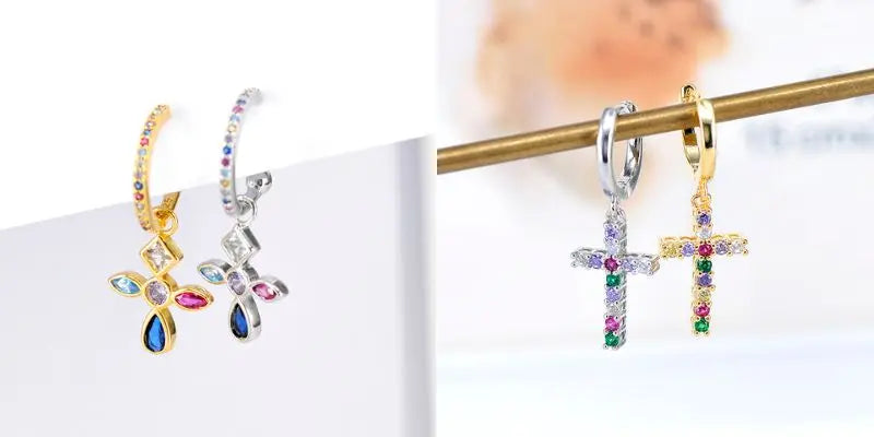Colorful Crystal Earrings 925 Sterling Silver Ear Needle Stud Earrings for Women Cross Dangle Earrings Party Wedding Jewelry