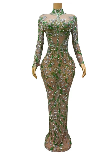 A stunning evening gown Long  Dress Birthday Celebrate Luxurious Costume Sparkly Big Rhinestone Dancer Flashing  party Dress