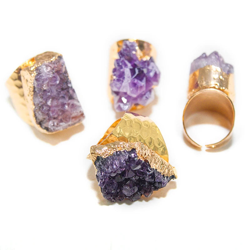 Irregular Rough Amethyst Stone Ring for Women Purple Crystal Cluster Gemstones Jewelry Open Finger Jewelry