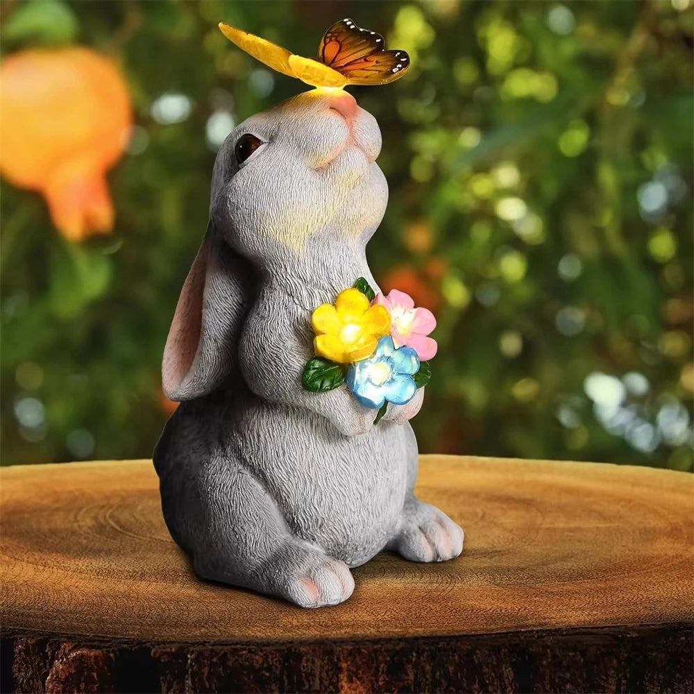 Solar Bunny Statue Garden Decor with Butterfly LED Light Resin Animal Sculpture Figurine Outdoor Decoration for Garden Courtyard