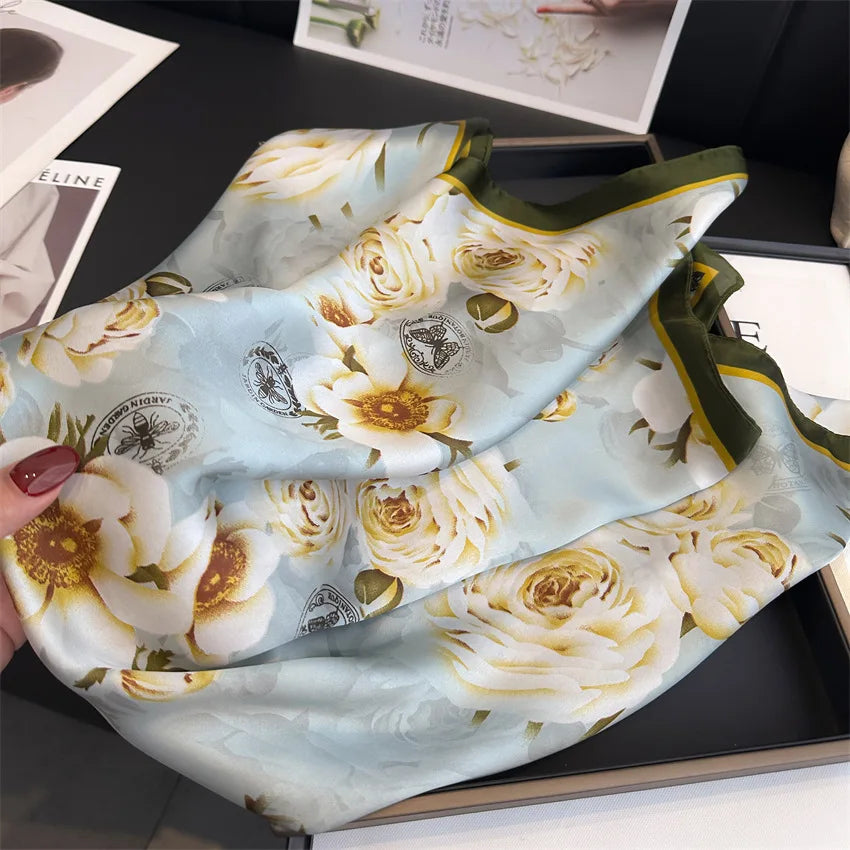 Imitated Silk Headcloth Fashion Flower Print Square Shawls Popular 70X70cm Bandanna Kerchief Sun Protection Silk Scarves Tie Bag