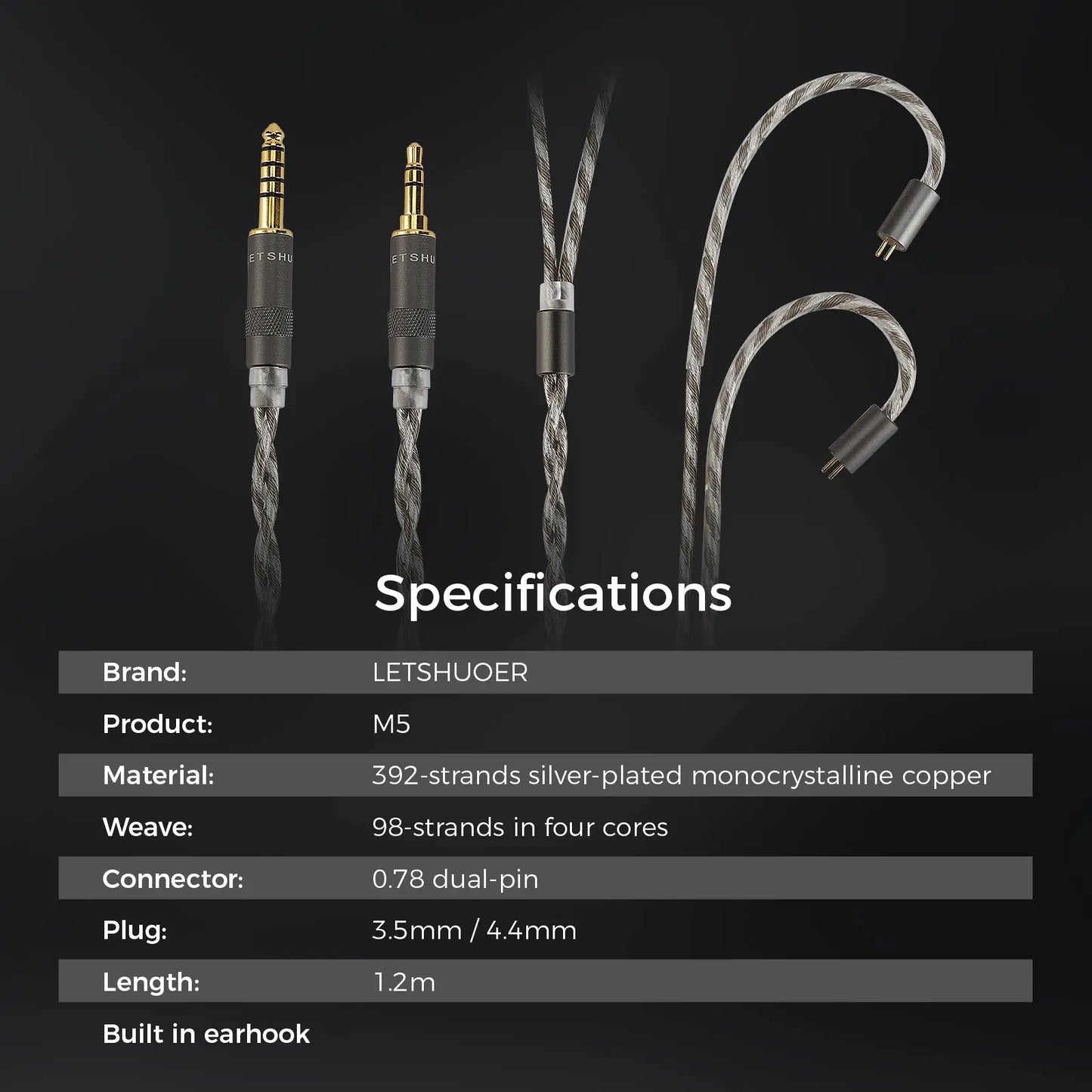 LETSHUOER M5 audio 3.5mm cable or 4.4mm balanced headphone cables with 2 pin connector 392 strands silver-plated copper cable