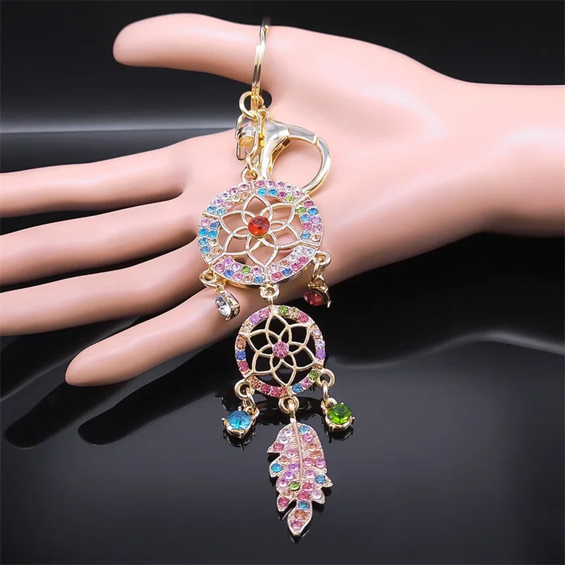 Aesthetic Dream Catcher Key Chain for Women Men Rhinestone Metal Gold Color Y2K Girl Dreamcatcher Keyring Jewelry K9017S02
