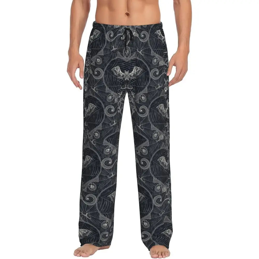 Custom Cute Spooky Halloween Bats Black And Purple Pajama Pants for Men Lounge Sleep Drawstring Sleepwear Bottoms with Pockets