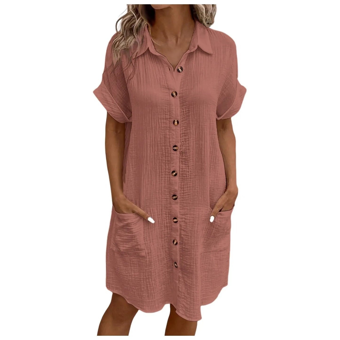 Women'S Fashion Summer Minimalist V-Neck Button Up Dress Woman Cotton Linen White Short Sleeved Pocket Casual Loose Shirt Dress