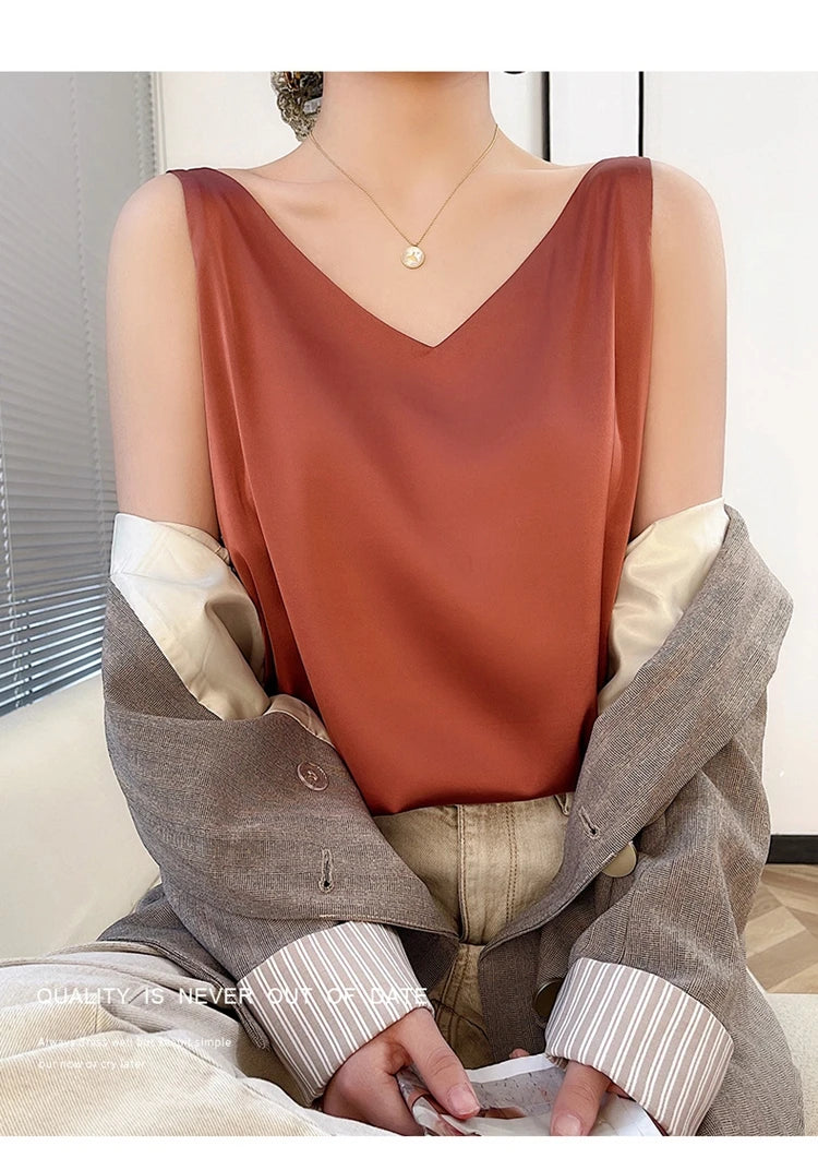 Women's New Four Seasons Inner Wear Silk Suspenders 2022 V-Neck Solid All-Match Satin Vest Soft Loose Thin Lady Sleeveless Tops